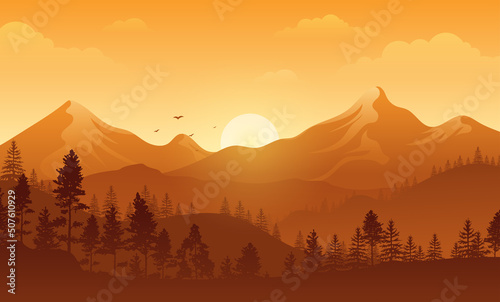 Beautiful Landscape mountains and forest with sunset sky