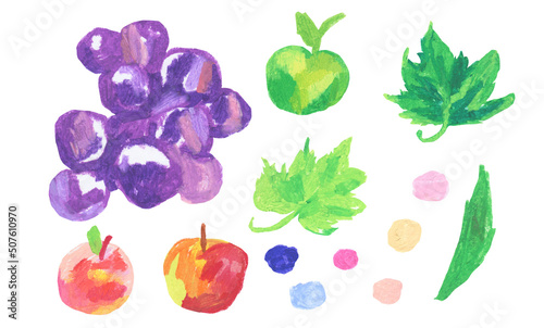 Fototapeta Naklejka Na Ścianę i Meble -  Set of illustrations with children's berries and fruits drawn with wax crayons. Collection of food images in oil pastel in doodle style.Designs for stickers, packaging, posters, postcards.