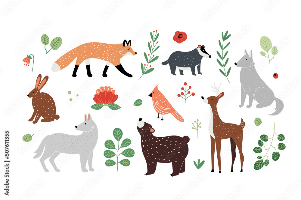 Set with finnish style forest animals, plants and flowers, isolated on white hand drawn vector illustration in flat design Set with finnish style forest animals, plants and flowers, isolated on white hand drawn vector illustration in flat design