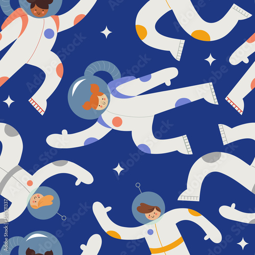 Hand drawn vector seamless pattern with cute kids astronauts flying in space