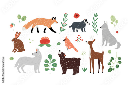 Set with finnish style forest animals, plants and flowers, isolated on white hand drawn vector illustration in flat design © Daria