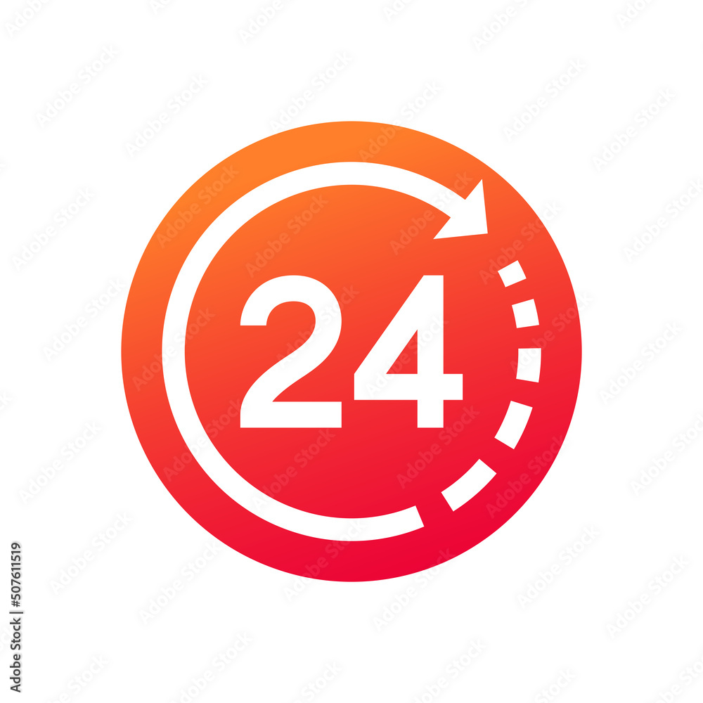 Twenty four hour with arrow loop icon, 24 hours cyclic sign, Opened order execution or delivery, All day business and service, Vector illustration Twenty four hour with arrow loop icon, 24 hours cyclic sign, Opened order execution or delivery, All day business and service, Vector illustration