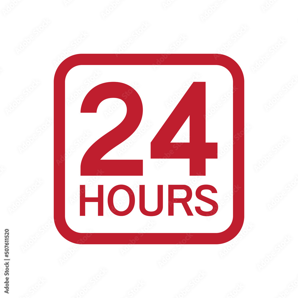 Twenty four hour icon, 24 hours square sign, Opened order execution or delivery, All day business and service, Vector illustration Twenty four hour icon, 24 hours square sign, Opened order execution or delivery, All day business and service, Vector illustration