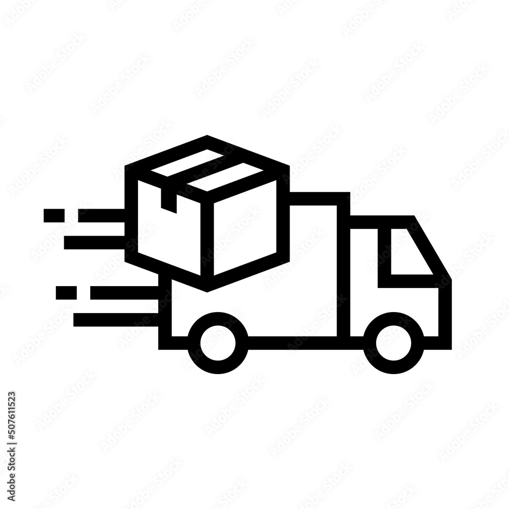 Shipping fast delivery truck with box icon symbol, Pictogram flat outline design for apps and websites, Isolated on white background, Vector illustration
