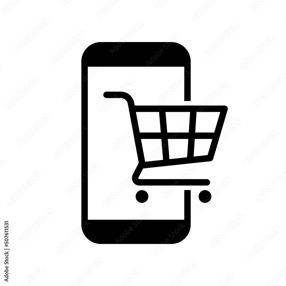 Shopping trolley with smartphone icon symbol, E-Commerce business marketing concept, Pictogram flat design vector illustration Shopping trolley with smartphone icon symbol, E-Commerce business marketing concept, Pictogram flat design vector illustration