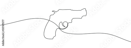 Continuous line drawing of gun. Pistol linear icon. One line drawing background. Vector illustration. Pistol continuous line icon.