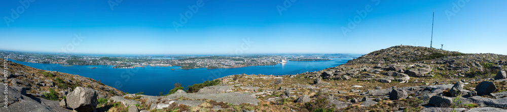 A panoramic view to Lifjel summit peak and Gandsfjord fjord with Stavanger city, Norway, May 2018