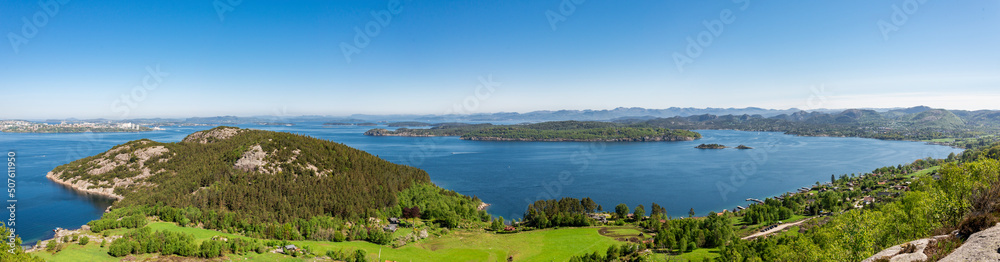Panorama of stunning landscape of a bay near Hommersak town from Lifjel mountain, Norway, May 2018