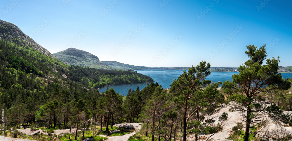 Panoramic view to Gandsfjord fjord and Dalsnuten mountain, Norway, May 2018