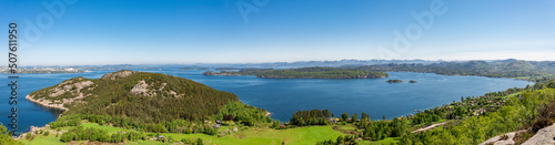 Panorama of stunning landscape of a bay near Hommersak town from Lifjel mountain, Norway, May 2018