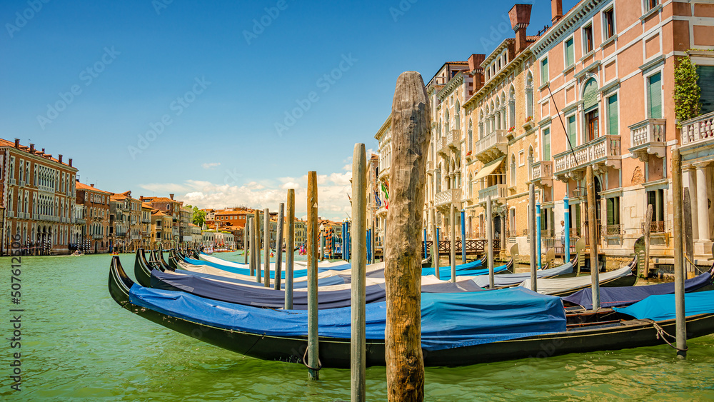 Magical view during sunset over gondolas in Venice, Grand Canal and its ...