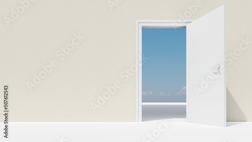 Open door outdoors with blue sky view 3d render