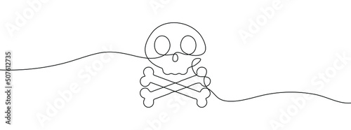 Continuous line drawing of human skull. One line icon of human skull with crossbones. One line drawing background. Vector illustration