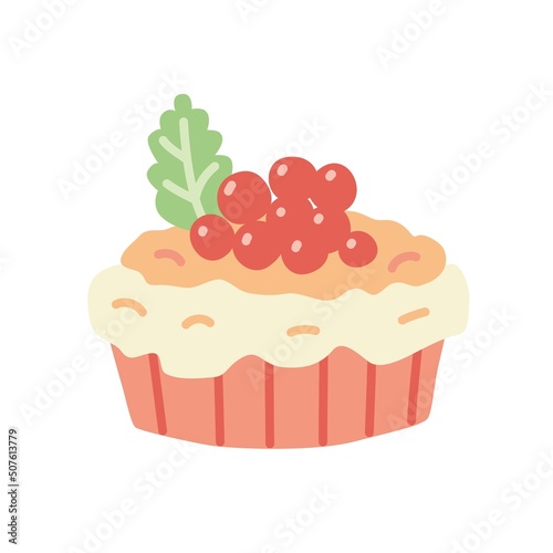 Cupcake with red currant decor. Vector illustration.