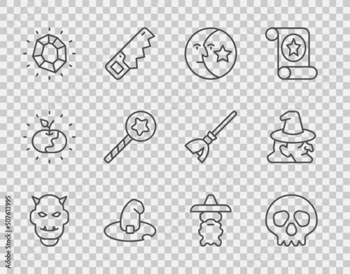 Set line Mask of the devil with horns, Skull, Moon and stars, Witch hat, Magic stone, wand, Wizard warlock and icon. Vector