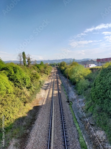 Imagen vertical de unas preciosas vías de tren en una zona verde.