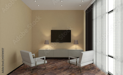 Furniture set with table  chairs and devices. 3D rendering.