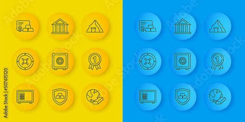 Set line Safe, Gold bars, Medal, with certificate, mine and Bank building icon. Vector