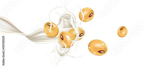 Fresh Soy milk splashing isolated on white background. Realistic vector in 3D elements.