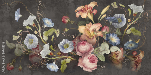 Fototapeta samoprzylepna namalowane barokowe kwiaty na ciemnym strukturalnym tle