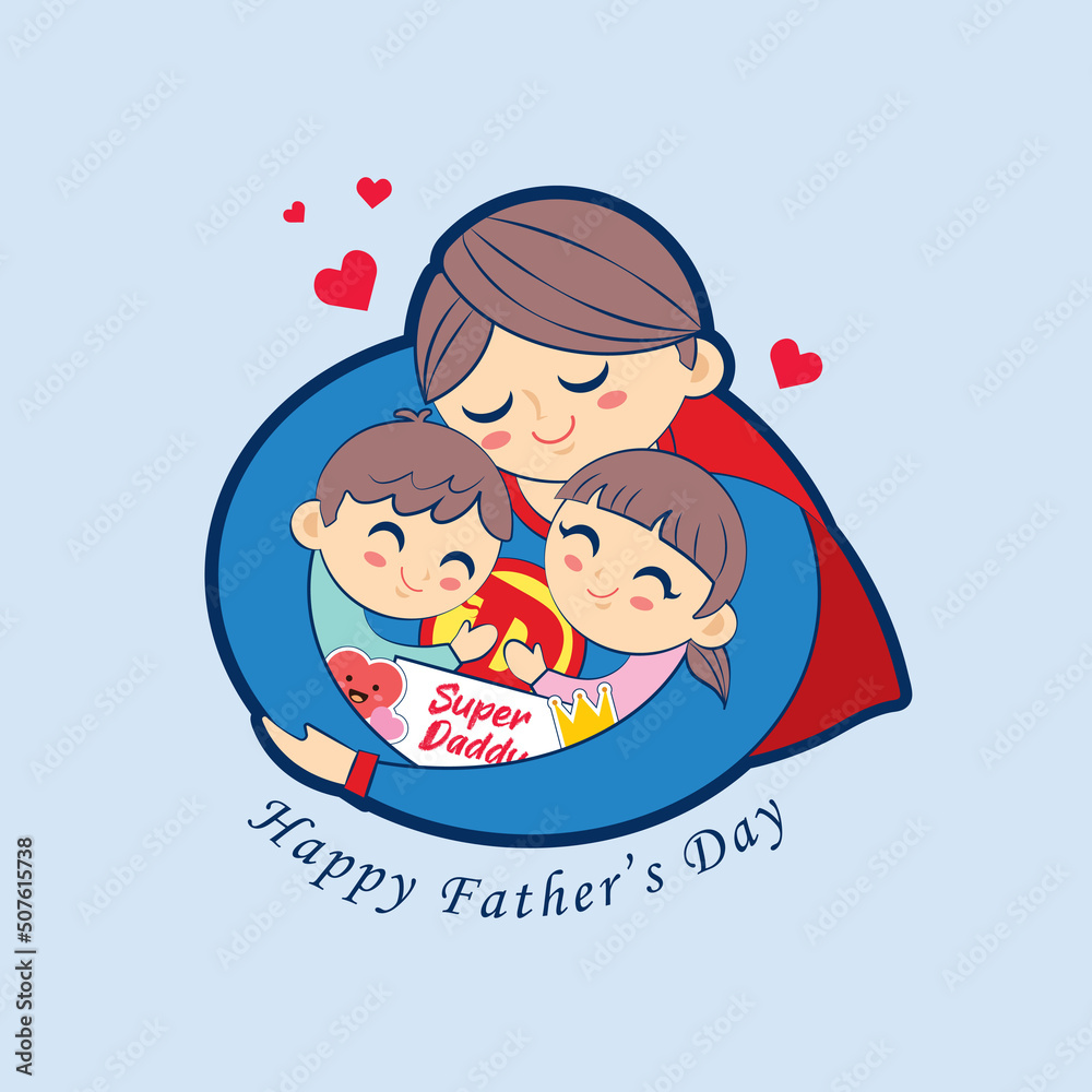 Happy Father's Day. Cartoon super dad together with children isolated on blue background. Father hugging son and daughter flat design illustration for greeting card, gift tag, graphic print, etc. Happy Father's Day. Cartoon super dad together with children isolated on blue background. Father hugging son and daughter flat design illustration for greeting card, gift tag, graphic print, etc.