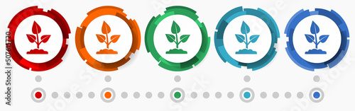 Garden, seed, plant concept vector icon set, modern design abstract web buttons in 5 color options, infographic template for webdesign and mobile apps