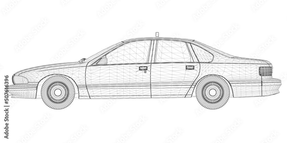 Taxi car wireframe from black lines isolated on white background. 3D. Side view. Vector illustration.