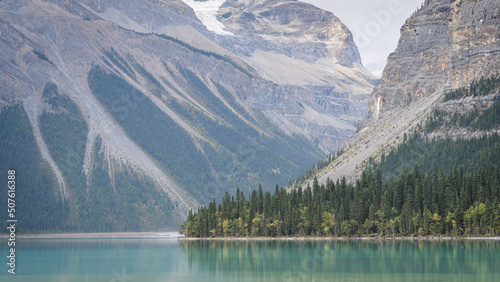 Beautiful turquoise alpine lake surrounded by the mountains, detail shot, Mount Robson PP, Canada