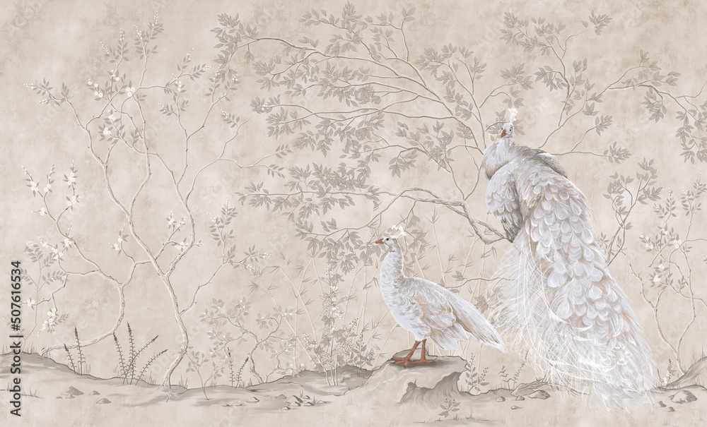 Fototapeta białe pawie na tle starej ściany