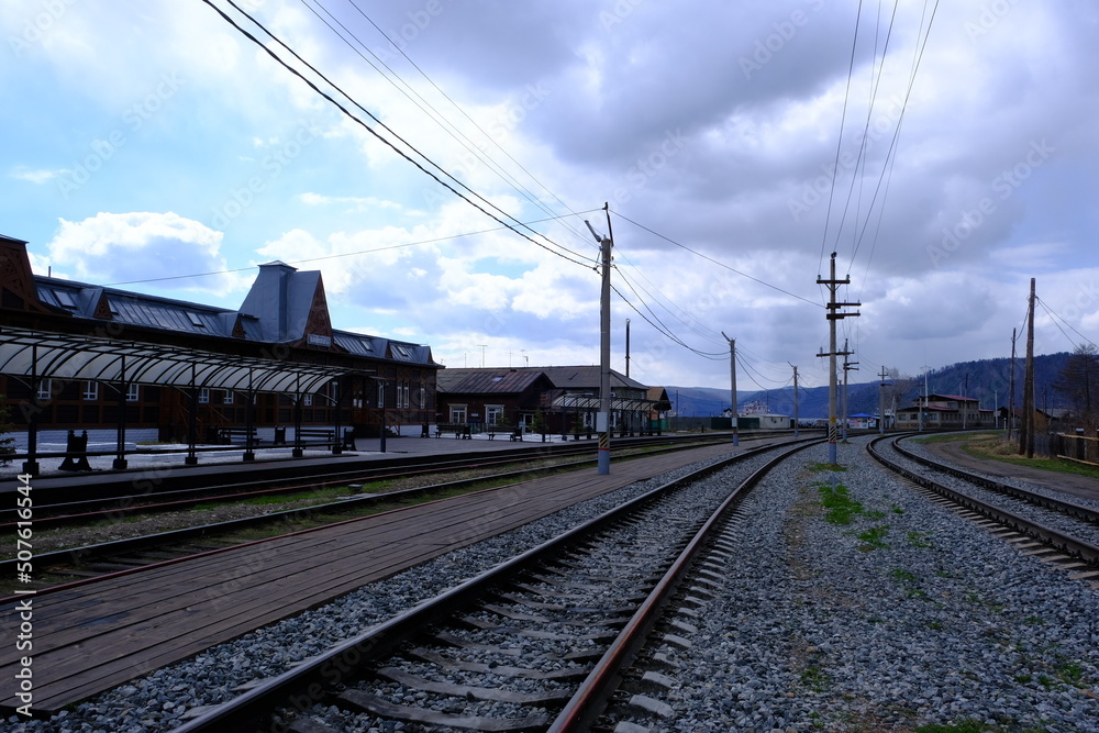 Baikal Railway Station, which is located right on the shore of Lake Baikal, Irkutsk region, Russia