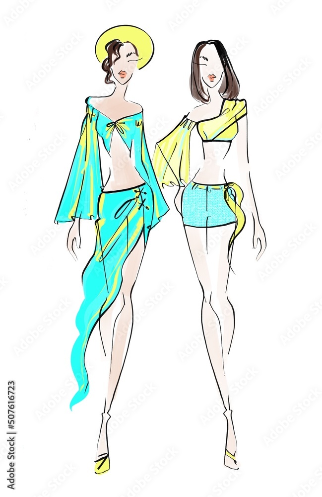 Sketch Fashion Illustration on a white background Woman in summer outfits crop tops and sarong skirt