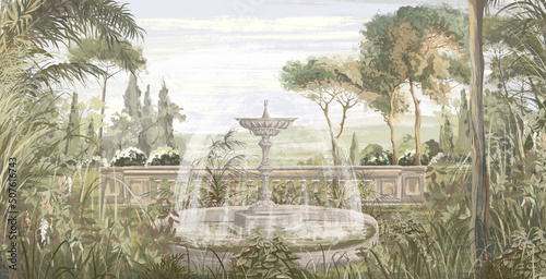 Graphic illustration of a Toscana garden.
Design for interior project, wallpaper, photo wallpaper, mural, poster, home decor, card, packing!
