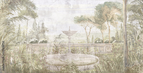 Graphic illustration of a Toscana garden. Design for interior project, wallpaper, photo wallpaper, mural, poster, home decor, card, packing!	
 photo
