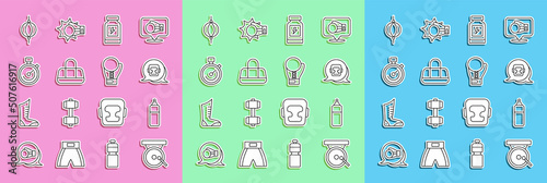 Set line Boxing gong, Punching bag, helmet, Energy drink, Sport, Stopwatch, and glove icon. Vector