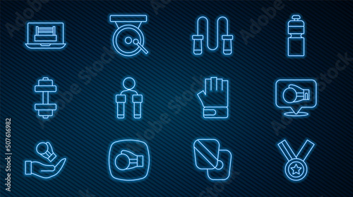 Set line Medal, Boxing glove, Jump rope, Dumbbell, ring, MMA and gong icon. Vector