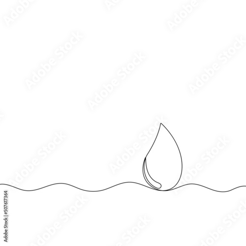 Water or blood drop line art. Eco concept idea in one line style. Outline raindrop on white background with liquid waves. Vector card illustrations for environment poster.