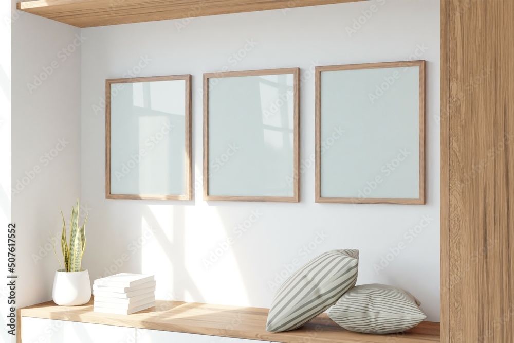 Empty Frame mockup in living room interior. 3D rendering, 3D illustration