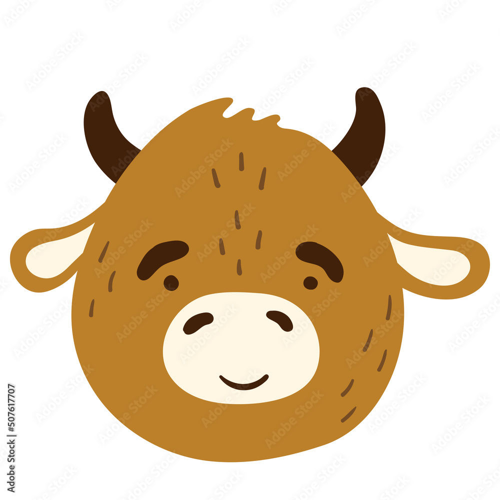 Сute bull funny animal face, head. Сartoon isolated muzzle. Vector illustration for print on children's clothing, greeting cards, nursery, stickers, stationery, room decor