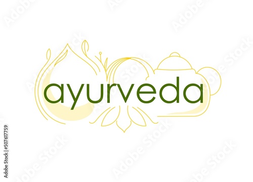 logo of Indian medicine, ayurveda, with the image of a teapot, drops of oil, herbs and lotus