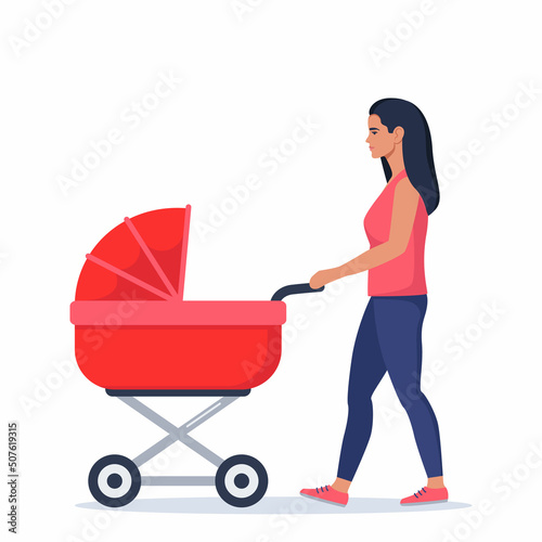 Mom wheeling stroller. Woman walking with baby carriage. Outdoor activity. Vector flat illustration.