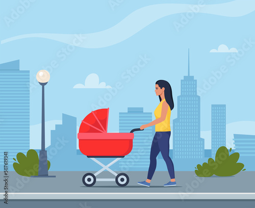 Young mother walking with a newborn that is in the pram. Woman with baby stroller walks through the city. Colorful vector illustration in flat style.