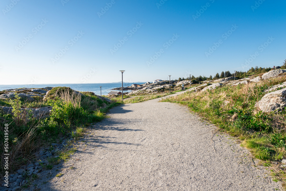 A footpath leading to Sjobadet Myklebust public swimming sea pool area, Tananger, Norway, May 2018
