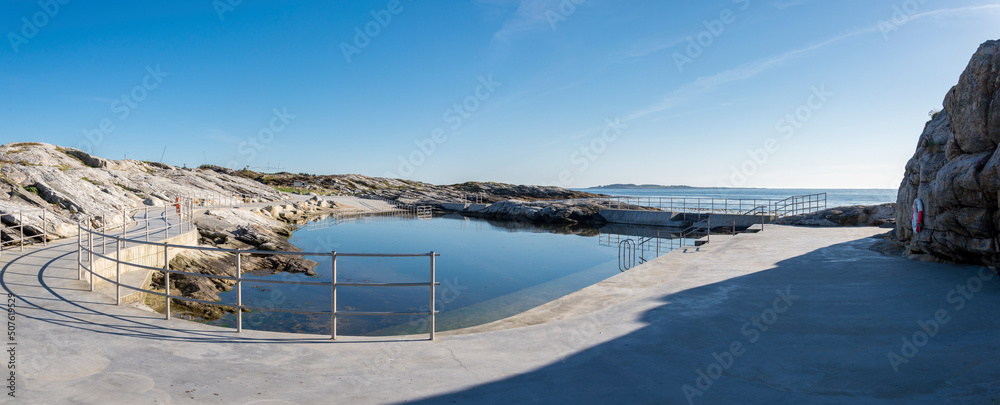Panoramic view of Sjobadet Myklebust public natural swimming area with secure stairs and ramp access, Tananger, Norway, May 2018