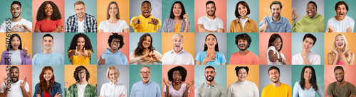 Multiethnic Males And Females With Happy Faces Posing On Pastel Coloured Backgrounds