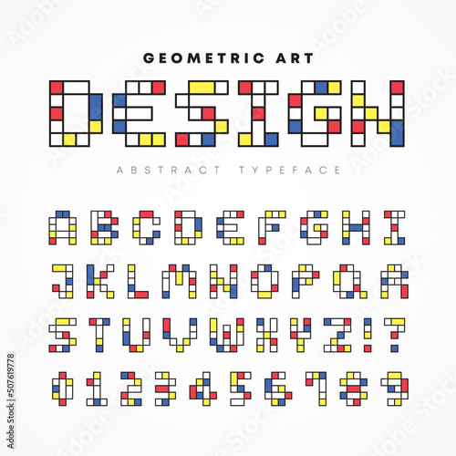 Modern geometric art alphabet and number set. Abstract artistic font or typeface for headline, title, poster, web design, brochure, layout or graphic print. Primary color mosaic typographic.