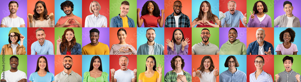 Diverse Multicultural Females And Males With Happy Faces Posing On Bright Backgrounds Diverse Multicultural Females And Males With Happy Faces Posing On Bright Backgrounds