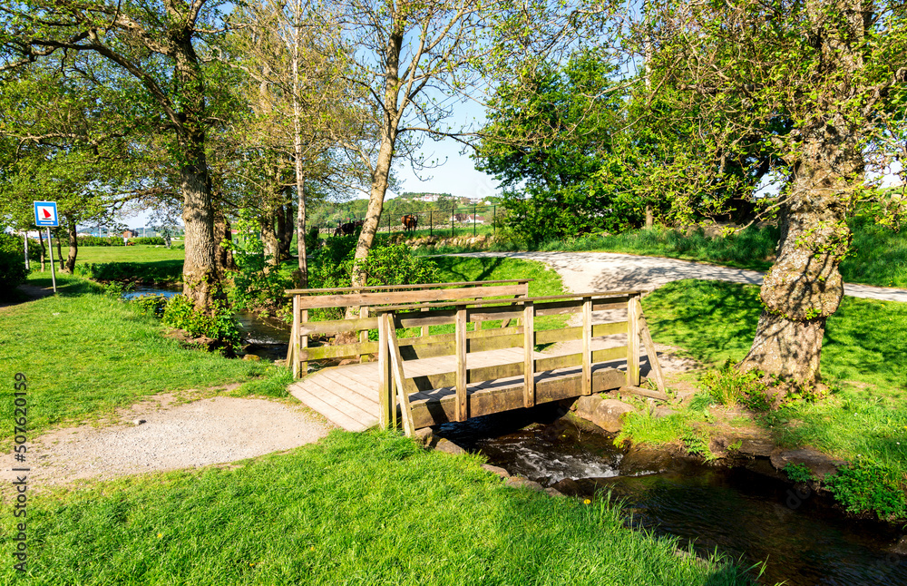 A narrow water stream with a pedestrian wooden bridge in a small public park near “Sword in Rock” monument and Hafrsfjord fjord, Stavanger, Norway, May 2018