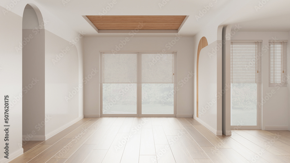 Empty room interior design, open space with parquet wooden floor, window with venetian blinds, cane ceiling and wall decors, modern architecture concept idea Empty room interior design, open space with parquet wooden floor, window with venetian blinds, cane ceiling and wall decors, modern architecture concept idea