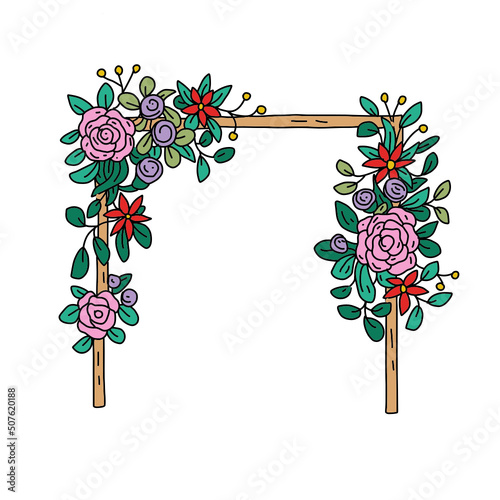 Wedding arch vector hand drawn flat illustration symbol object. Flat icon style concept design with flowers. Minimalistic illustration in doodle style.