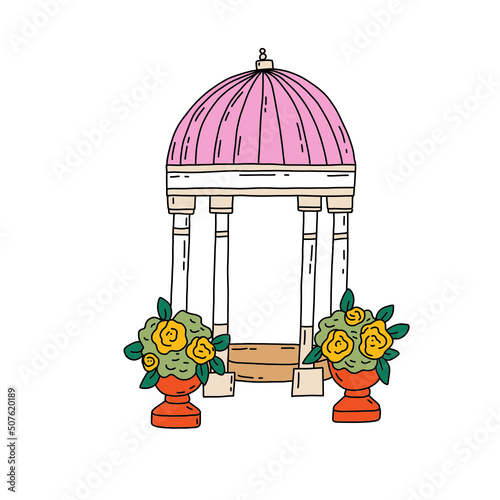 Cartoon holiday wedding altar with flowers hand drawn flat illustration for greeting card, poster design elements. Ceremony vector decor, marriage, engagement celebration items.